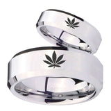 His Hers Marijuana Leaf Beveled Edges Silver Tungsten Mens Anniversary Ring Set