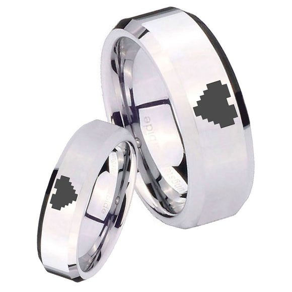 His Her Mirror Beveled Zelda Heart Silver Tungsten Wedding Rings Set