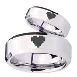 His Her Mirror Beveled Zelda Heart Silver Tungsten Wedding Rings Set