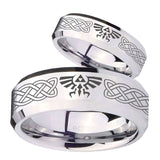 His Hers Celtic Zelda Beveled Edges Silver Tungsten Men's Band Ring Set