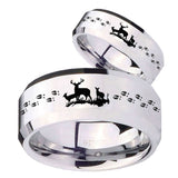 His Hers Deer Hunting Beveled Edges Silver Tungsten Men's Ring Set