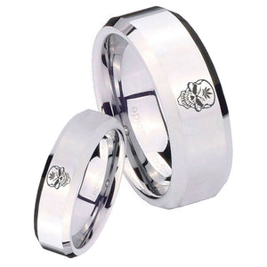 His Hers Skull Marijuana Leaf  Beveled Edges Silver Tungsten Mens Bands Ring Set