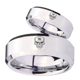 His Hers Skull Marijuana Leaf  Beveled Edges Silver Tungsten Mens Bands Ring Set