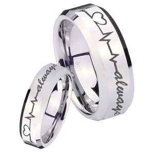 His Hers Heart Beat forever Heart always Beveled Silver Tungsten Men's Ring Set