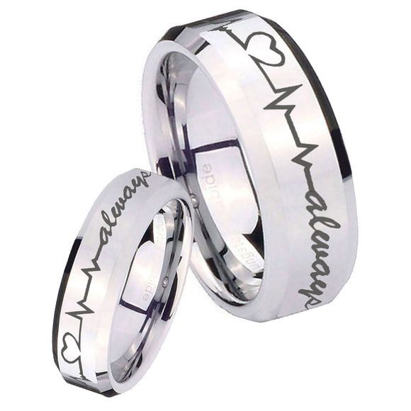 His Hers Heart Beat forever Heart always Beveled Silver Tungsten Men's Ring Set