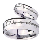 His Hers Heart Beat forever Heart always Beveled Silver Tungsten Men's Ring Set