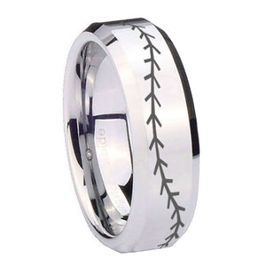 10mm Baseball Stitch Beveled Edges Silver Tungsten Carbide Wedding Band Ring