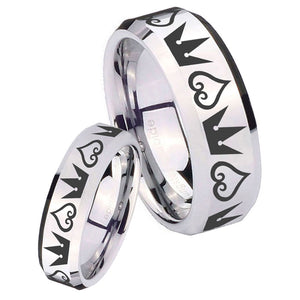 His Hers Hearts and Crowns Beveled Edges Silver Tungsten Mens Ring Set