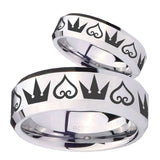 His Hers Hearts and Crowns Beveled Edges Silver Tungsten Mens Ring Set