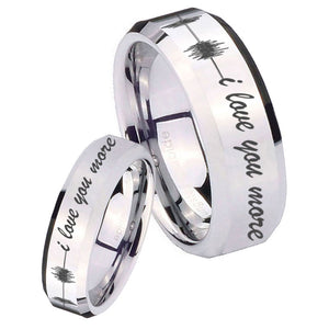 His Hers Sound Wave, I love you more Beveled Silver Tungsten Rings Set