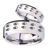 His Hers Deer Tracks Beveled Edges Silver Tungsten Wedding Bands Ring Set