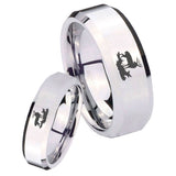 His Hers Deer Hunting Beveled Edges Silver Tungsten Wedding Engagement Ring Set