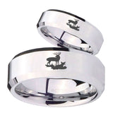 His Hers Deer Hunting Beveled Edges Silver Tungsten Wedding Engagement Ring Set