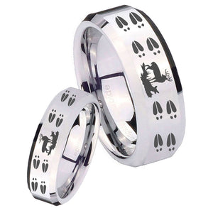 His Hers Deer Hunting Tracks Beveled Silver Tungsten Wedding Engraving Ring Set