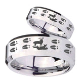 His Hers Deer Hunting Tracks Beveled Silver Tungsten Wedding Engraving Ring Set