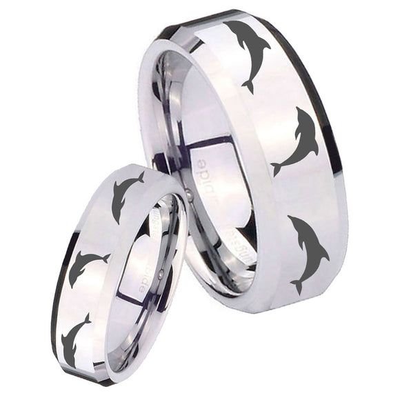 His and Hers Dolphins Beveled Edges Silver Tungsten Anniversary Ring Set