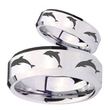 His and Hers Dolphins Beveled Edges Silver Tungsten Anniversary Ring Set