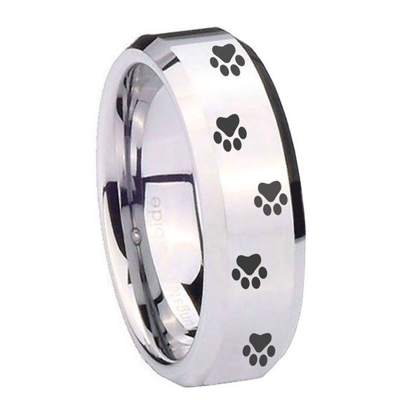 10mm Paw Print Beveled Edges Silver Tungsten Carbide Engagement Ring