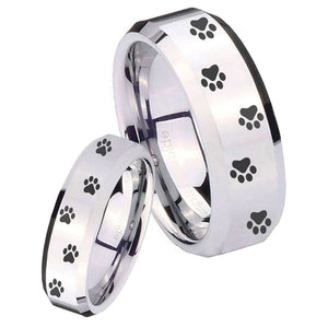 Bride and Groom Paw Print Beveled Edges Silver Tungsten Bands Ring Set