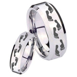 His Hers Foot Print Beveled Edges Silver Tungsten Custom Ring for Men Set