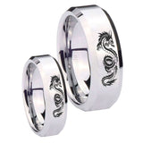 His and Hers Dragon Beveled Edges Silver Tungsten Men's Band Ring Set