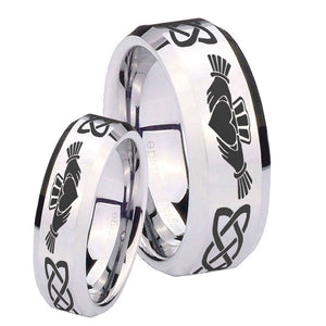 His Hers Irish Claddagh Beveled Edges Silver Tungsten Mens Ring Engraved Set