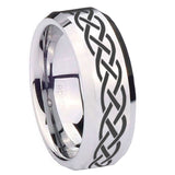 10mm Celtic Knot Beveled Edges Silver Tungsten Carbide Mens Ring Engraved