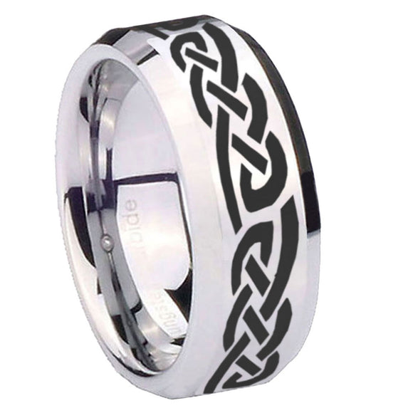 10mm Celtic Knot Infinity Love Beveled Edges Silver Tungsten Carbide Mens Ring Engraved