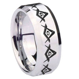 10mm Masonic Square and Compass Beveled Edges Silver Tungsten Carbide Mens Ring Engraved