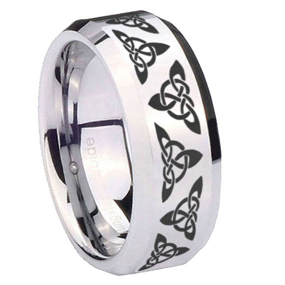 10mm Celtic Knot Beveled Edges Silver Tungsten Carbide Mens Ring Engraved