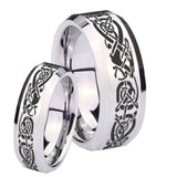 His Hers Celtic Knot Dragon Beveled Edges Silver Tungsten Mens Wedding Band Set