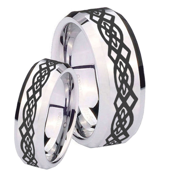 His Hers Celtic Knot Beveled Edges Silver Tungsten Mens Wedding Ring Set