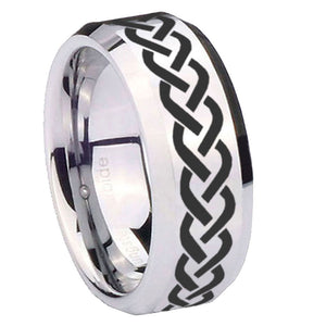 10mm Laser Celtic Knot Beveled Edges Silver Tungsten Carbide Mens Ring Engraved