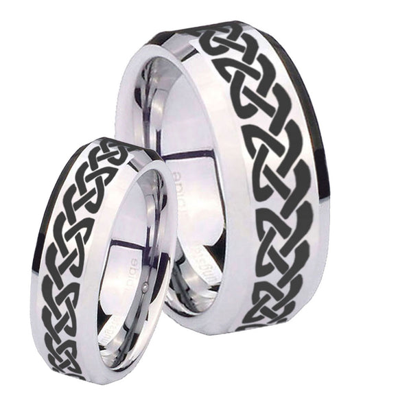 His Hers Celtic Knot Love Beveled Edges Silver Tungsten Men's Ring Set