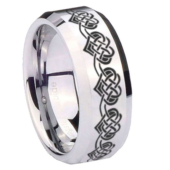 10mm Celtic Knot Heart Beveled Edges Silver Tungsten Carbide Mens Ring Engraved