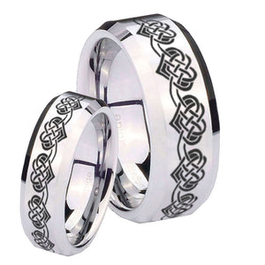 His Hers Celtic Knot Heart Beveled Edges Silver Tungsten Men's Ring Set