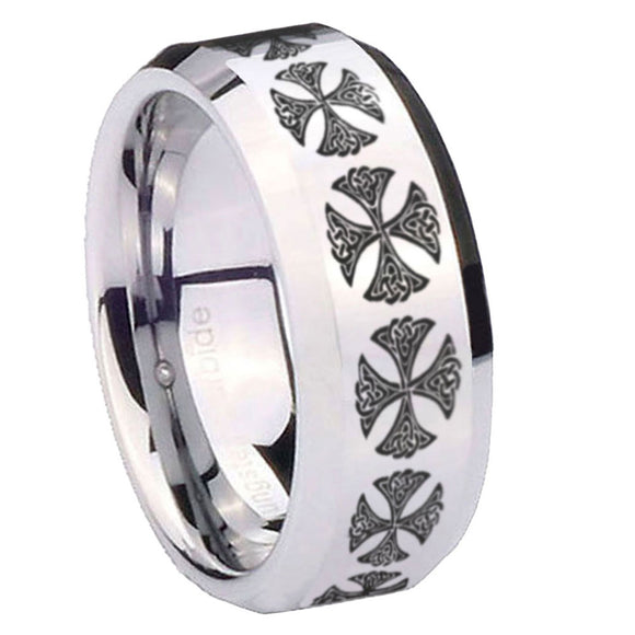 10mm Medieval Cross Beveled Edges Silver Tungsten Carbide Mens Ring Engraved