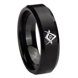 8mm Freemason Masonic Beveled Edges Brush Black Tungsten Carbide Rings for Men