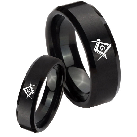 His Hers Freemason Masonic Beveled Edges Brush Black Tungsten Men's Ring Set