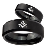 His Hers Freemason Masonic Beveled Edges Brush Black Tungsten Men's Ring Set