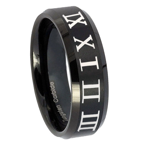 8mm Roman Numeral Beveled Edges Brush Black Tungsten Carbide Mens Bands Ring