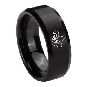 8mm Fleur De Lis Beveled Edges Brush Black Tungsten Mens Engagement Ring