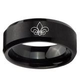 8mm Fleur De Lis Beveled Edges Brush Black Tungsten Mens Engagement Ring