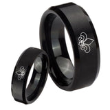 His Hers Fleur De Lis Beveled Edges Brush Black Tungsten Rings Set