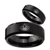 His Hers Fleur De Lis Beveled Edges Brush Black Tungsten Rings Set