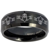 10mm Irish Claddagh Beveled Edges Brush Black Tungsten Mens Engagement Band