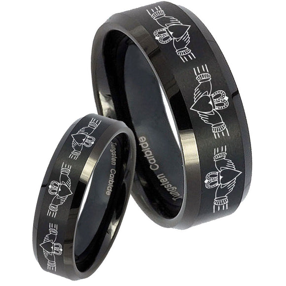 His Hers Irish Claddagh Beveled Edges Brush Black Tungsten Personalized Ring Set