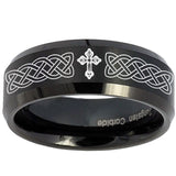 8mm Celtic Cross Beveled Edges Brush Black Tungsten Mens Engagement Band