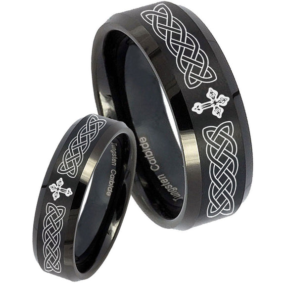 His Hers Celtic Cross Beveled Edges Brush Black Tungsten Promise Ring Set