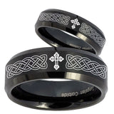 His Hers Celtic Cross Beveled Edges Brush Black Tungsten Promise Ring Set